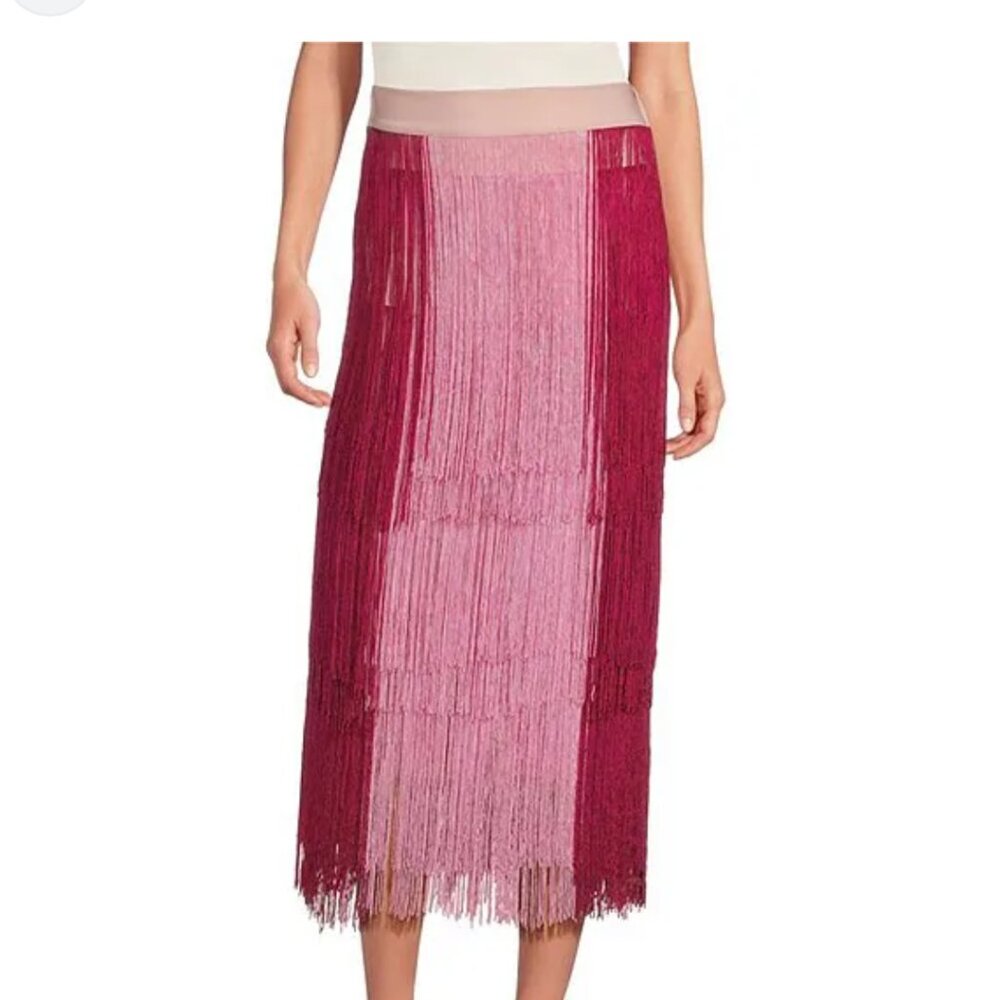 NEW Buru Color Block Elastic Back Waist Fringe Midi A-Line Skirt Pink S M
